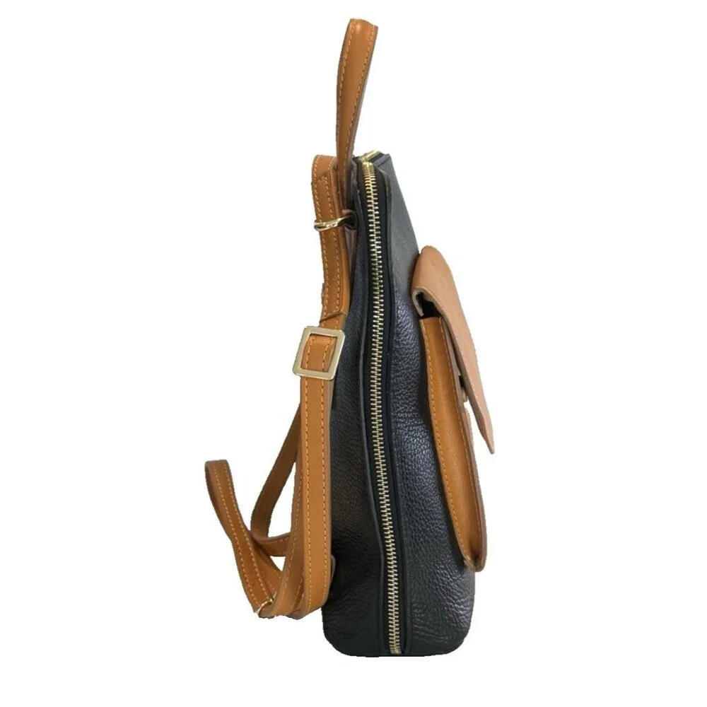DIVINA FIRENZE Italian Made Leather Black Cognac Convertible Backpack Bag Pocket